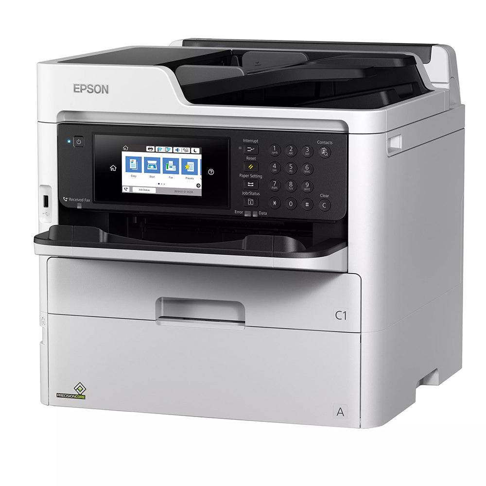 Stampante multifunzione Epson WorkForce Pro WF-C579R a colori con sistema RIPS, display touchscreen e alimentatore automatico di documenti. Stampante multifunzione Epson WorkForce Pro WF-C579R a colori con sistema RIPS, display touchscreen e alimentatore automatico di documenti.